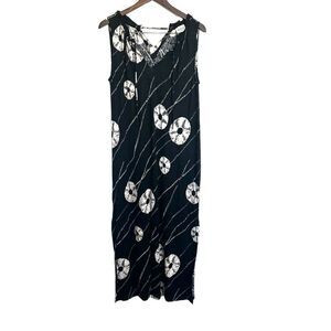 Wrap London Womens Black White printed Maxi Dress 100% linen Silk Trim Size 10
